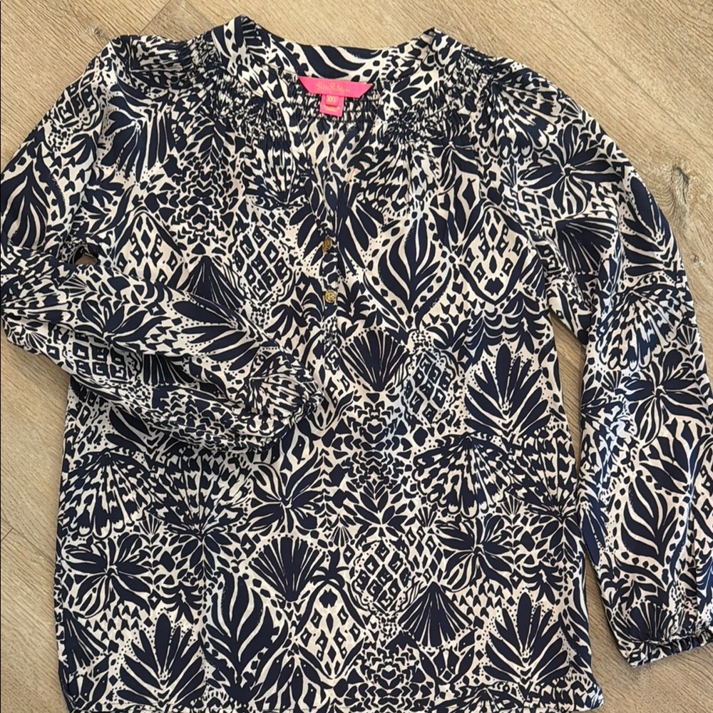 LILLY PULITZER Navy & White Printed Long-Sleeve Peasant Blouse